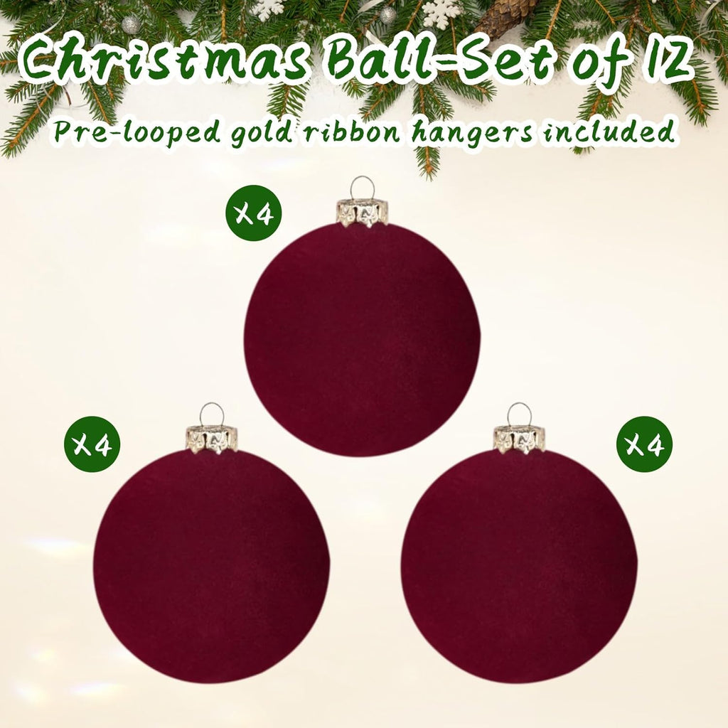 Skiennix 12PCS Velvet Christmas Tree Ornaments - 2.4-Inch Shatterproof Burgundy Balls for Holiday Decor
