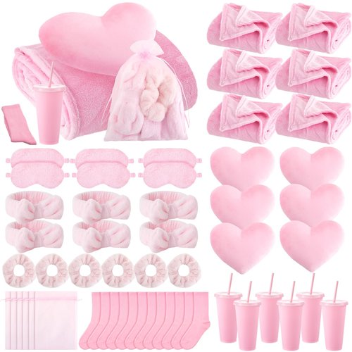 Fanfanwin 48 Pcs Sleepover Party Supplies Spa Birthday Slumber Pajamas Galentines Party Favors Coquette Throw Blanket Pillow Headband Scrunchies Eye Mask Cup Socks(Pink,Solid Color)