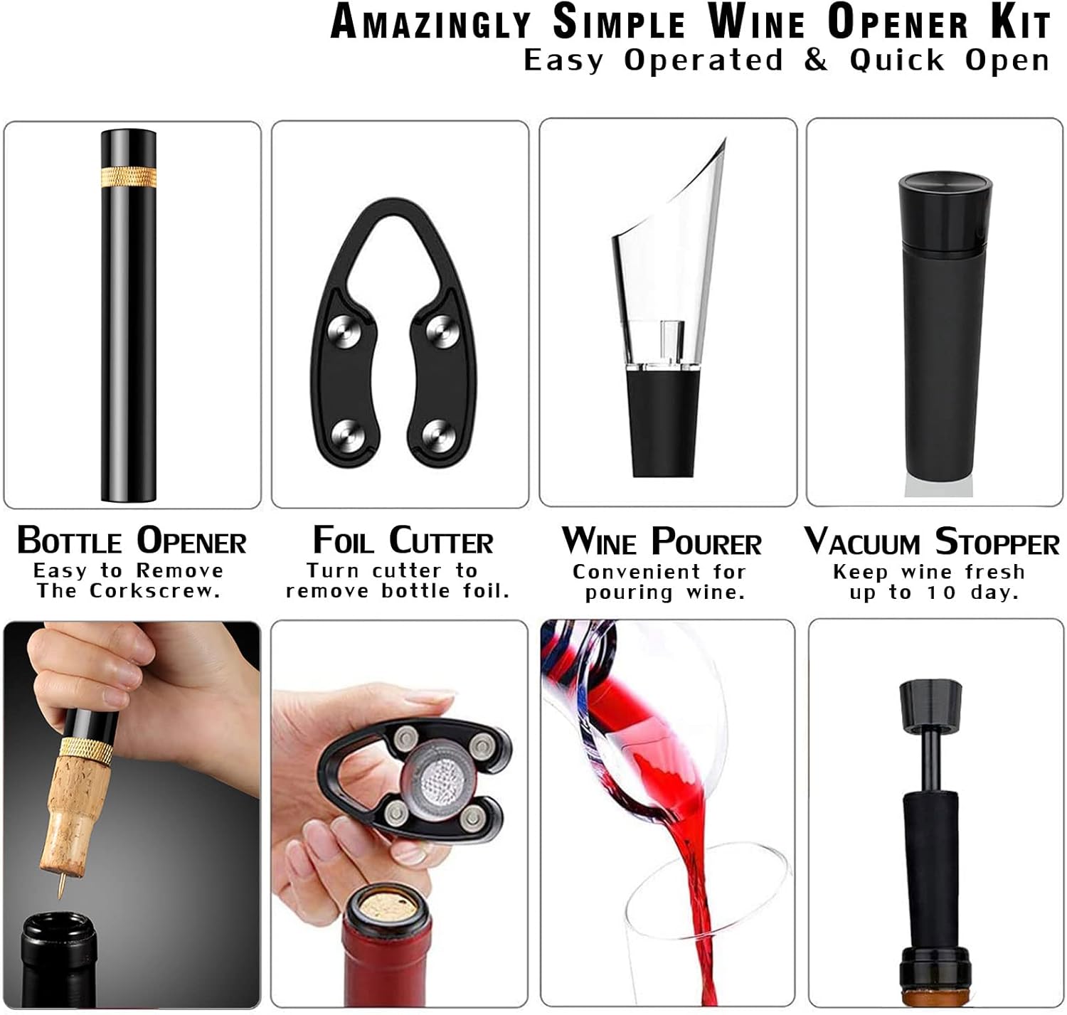 Wine Bottle Opener Set(4PCS),Travel Portable Pocket Air Pressure Pump Cork Remover with Aerator, Foil Cutter, and Vacuum Stopper, 7S Quick Bottle Opening, for Home, Restaurant, Party,Wine Lovers