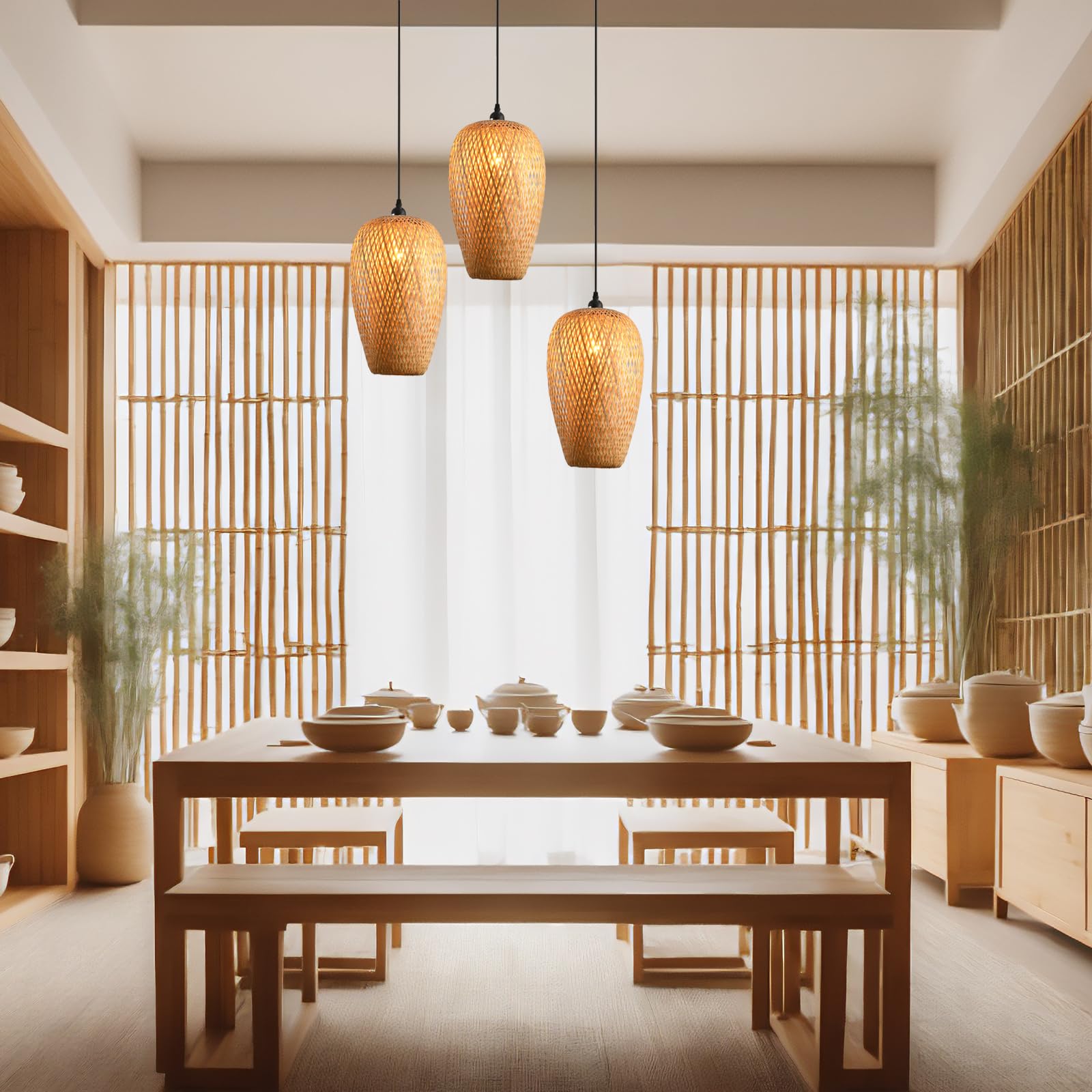 Teru Ji Kaikang Bamboo Lamp Shade, 2-Pack Hand-Woven Bamboo Rattan Hanging Light Shade,D 9.05" Rattan Table Lamp Shade for Floor Lamp, Wall Sconces Light Cover Table Light,Pendant light