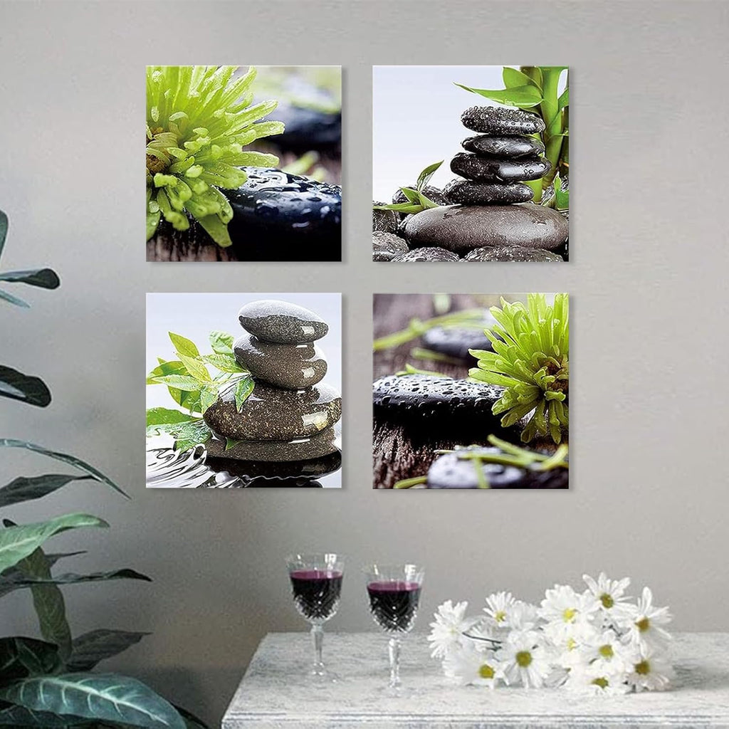 Zen Art Bathroom Wall Decor - Framed Meditation Canvas Art | Calming Green Plant Pictures, Set of 4 (12" x 12")