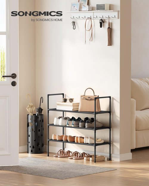 SONGMICS 3-Tier Shoe Rack, Shoe Storage for Hallway Closet, Slim and Space-Saving, Metal Frame, Non-Woven Fabric Shelves, Black ULSH043BH01