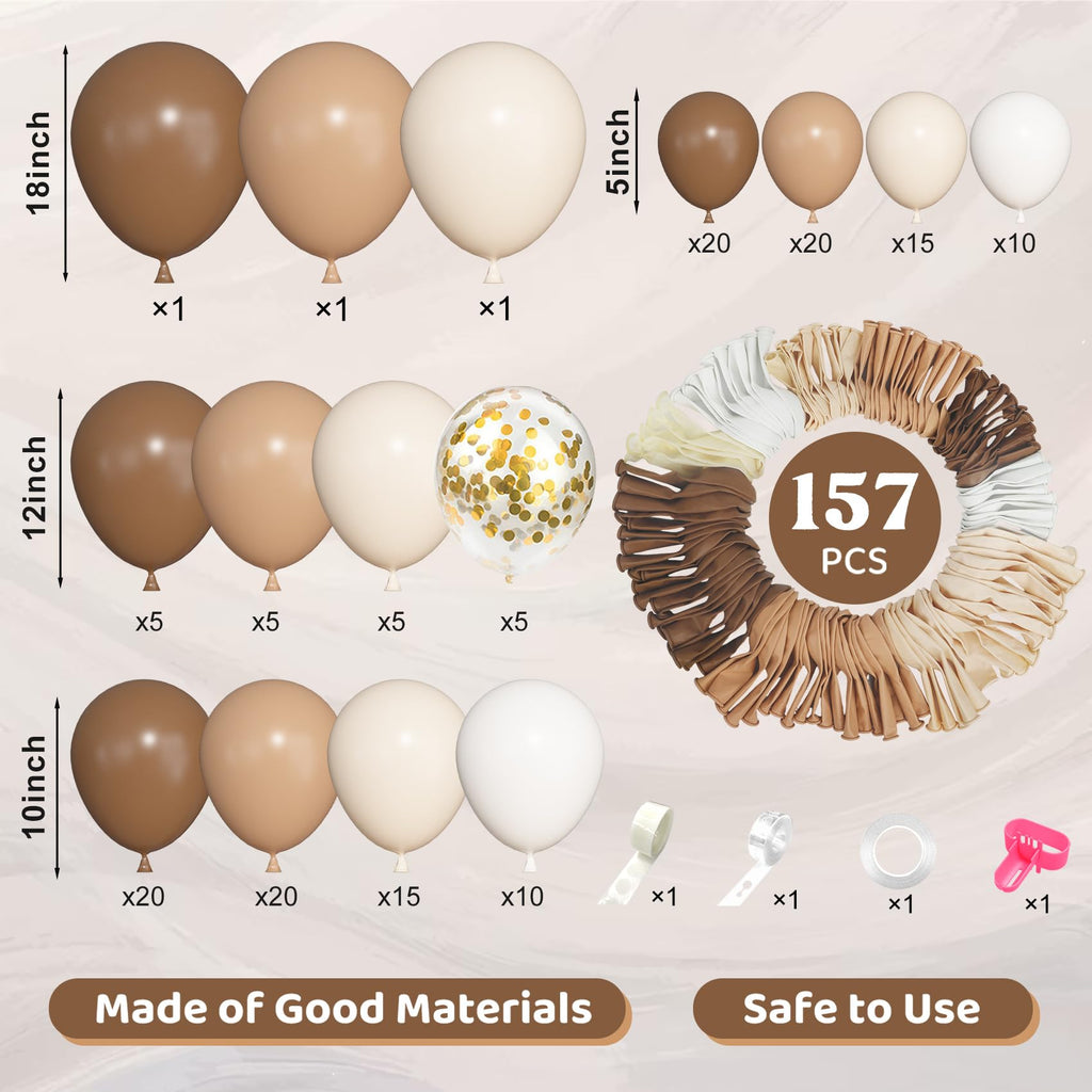 Ouddy Life 157 Pcs Brown Balloons Garland Arch Kit, Beige Nude Neutral White Gold Confetti Different Size Balloon for Birthday Teddy Bear Baby Shower Neutral Woodland Wild One Wedding Party Decoration