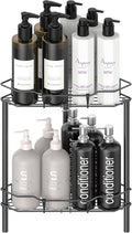 HuggieGems Corner Shower Caddy Organizer - 2 Tier Floor Standing Shelf with Hooks, Matte Black Finish