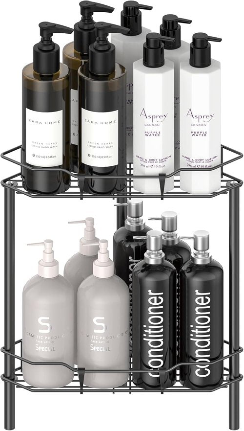HuggieGems Corner Shower Caddy Organizer - 2 Tier Floor Standing Shelf with Hooks, Matte Black Finish