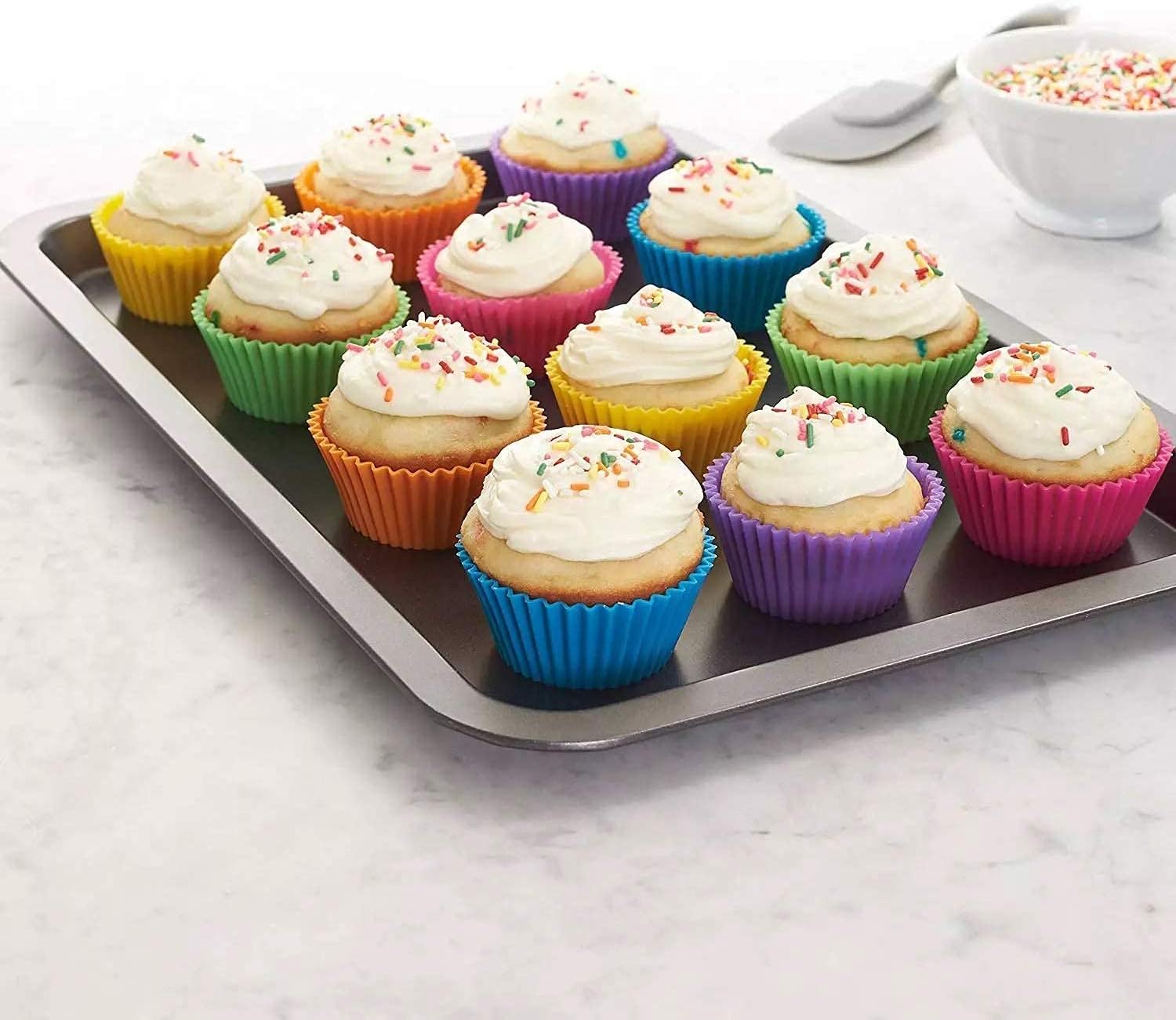 Skiennix Reusable Silicone Cupcake Liners - Non-Stick Baking Cups - Set of 12 Kitchen Accessories