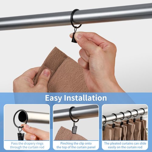 Manysky Curtain Rings with Clips, 42 Pack Metal Drapery Rings with Clips Hooks Hangers for Hanging Drapes Bows Hats, Drapes Rings 1.26 in Interior Diameter, Fits Up to 1 in Curtain Rod, Black
