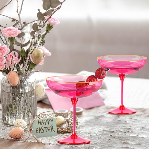 12 PCS Plastic Coupe Glasses 9 oz Hot Pink Detachable Gold Rim Martini Glass Espresso Champagne Cocktail Cups Disposable Vintage Margarita Glassware for Valentine's Day Wedding Bridal Shower Party