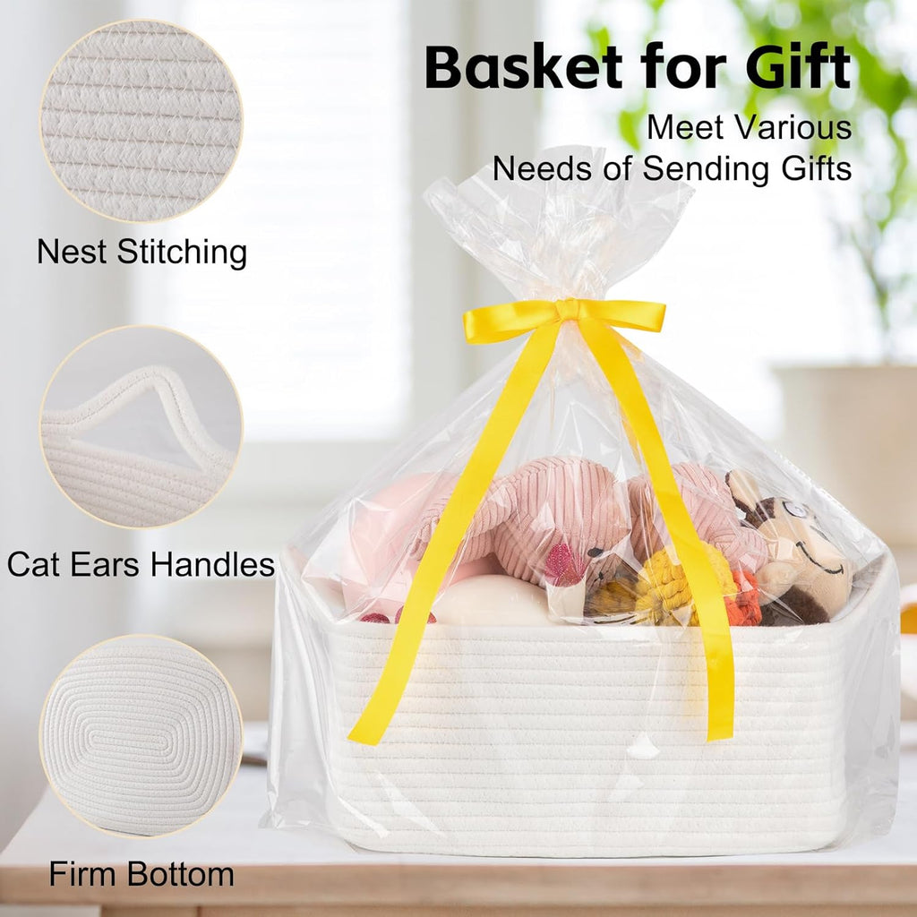 OIAHOMY Woven Storage Basket - Versatile Gift Basket with Handles for Baby Showers | White