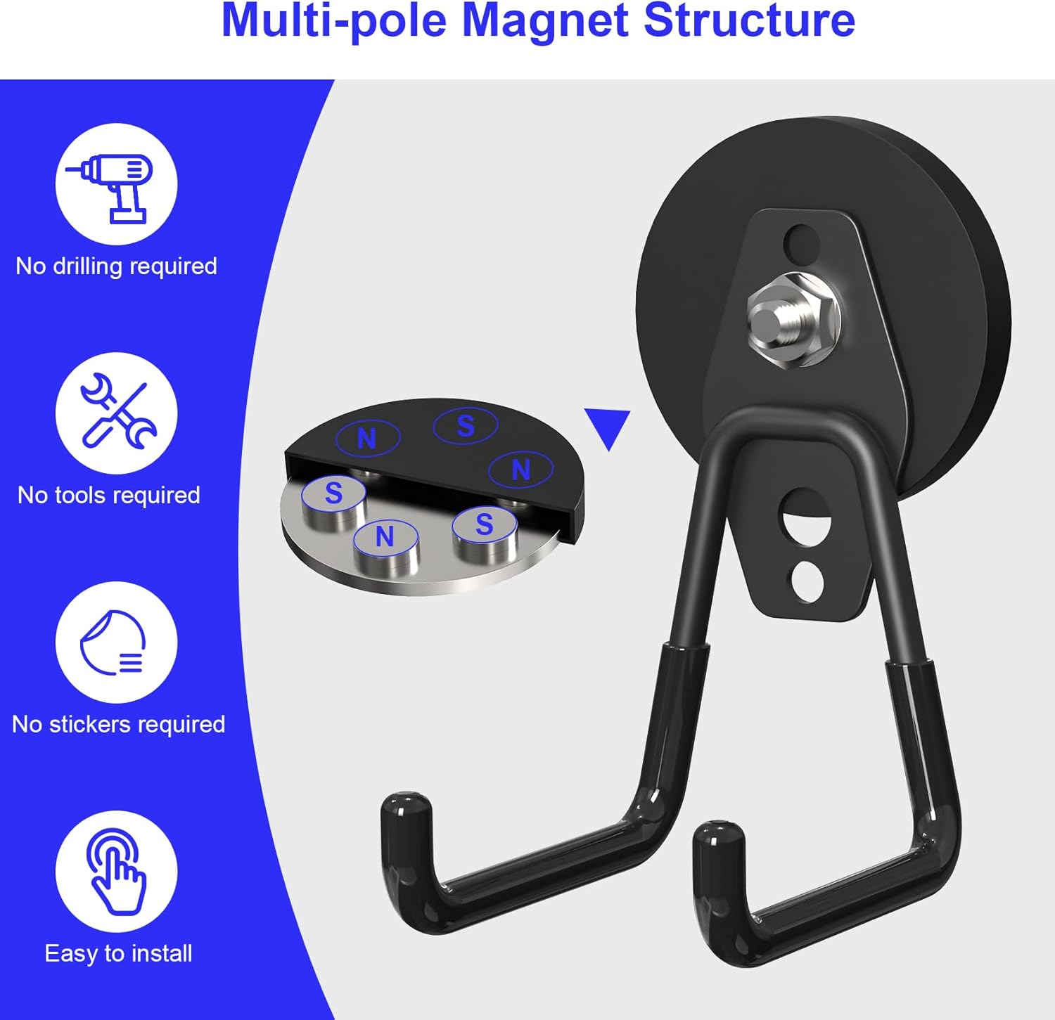 Skiennix Heavy Duty Magnetic Utility Hooks - Anti-Slip Coating for Garage & Garden Tools | 3PCS, 2.59'' Black