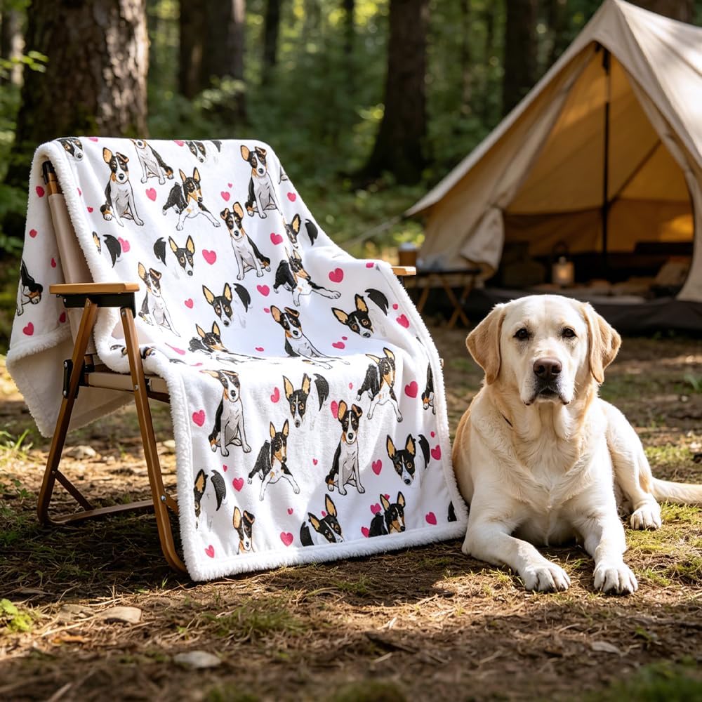 BlessLiving Rat Terrier White Throw Blanket with Dense Black Dog Patterns Sherpa Fleece Blanket Couch Bed, Soft Cozy Warm Pet Blankets for Puppy Lovers Pink Heart Cute Animal Print Gift 50x60 Inches