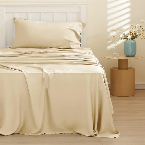 Bedsure Cooling Twin Sheets - Breathable & Soft Rayon from Bamboo - Deep Pocket Up to 16 Inches - Hotel Luxury Alabaster Gleam