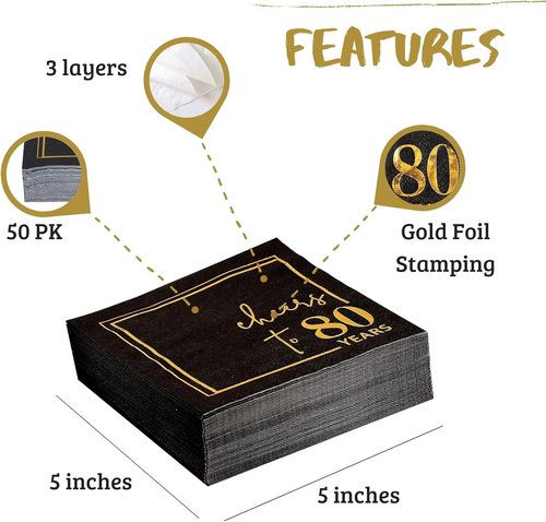 Cheers to Years Cocktail Napkins | 50-Pack 3-Ply Disposable Birthday & Anniversary Napkins - Black & Gold 5x5 Inches