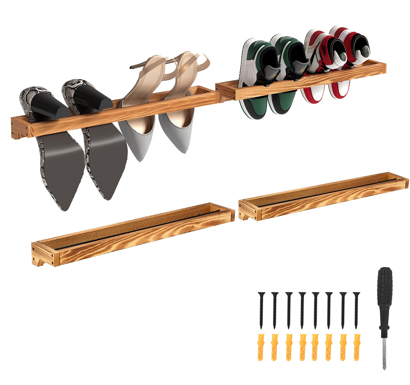 lesolar Wall Mounted Shoe Rack 20 Inch, 4 Pcs Rustic Wood Wall Hanging Shoe Rack, Burnt Wood Shoe Storage Organizer for Entryway Mudroom Closet, Space Saving