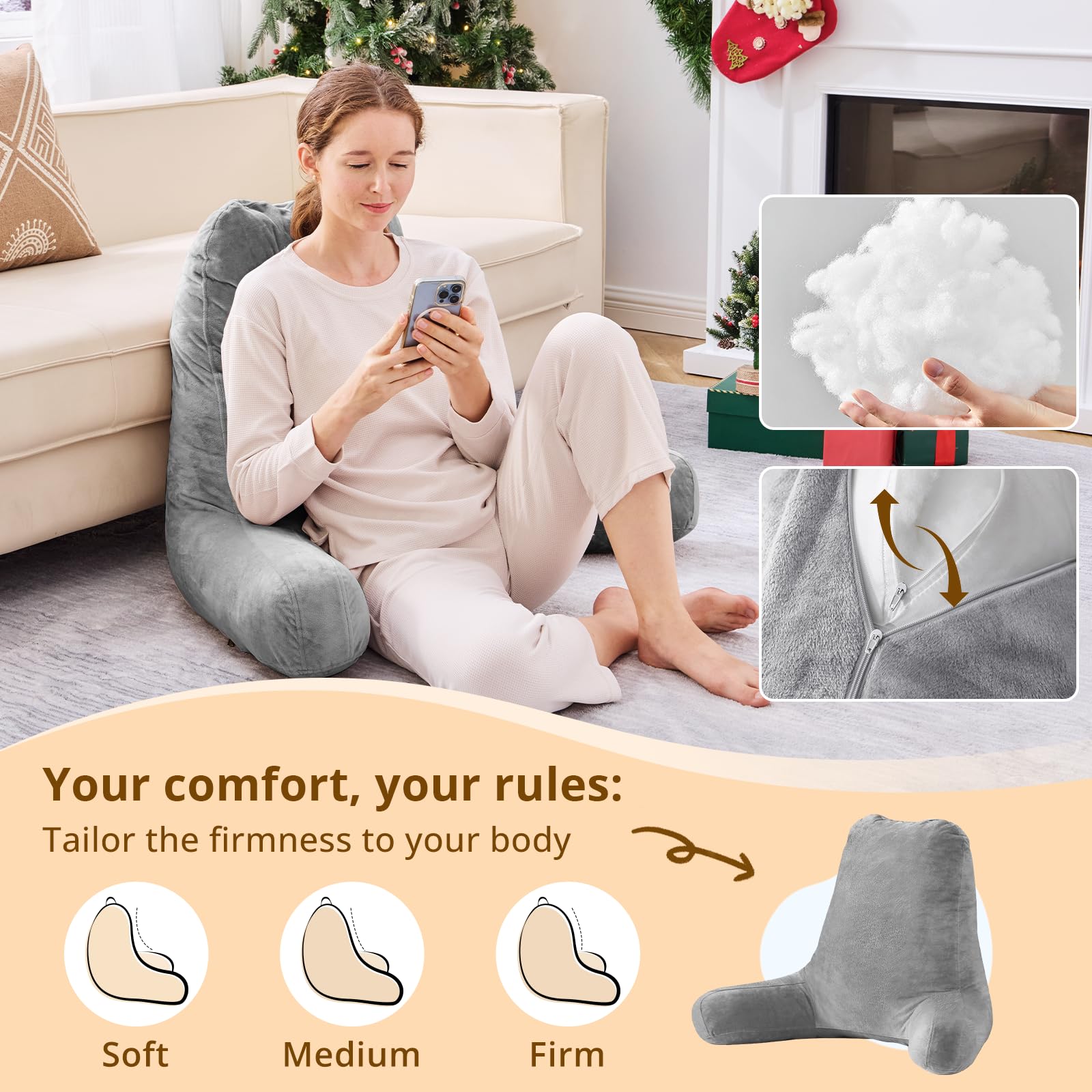 Sasttie 25-inch Reading Pillows for Sitting in Bed Adult, Jumbo Velvet Back Pillow Bed Sitting Up, XL High Back-Rest Support Cushion for Sit Up on Couch & Floor, Oeko-Tex Certified, Dark Grey