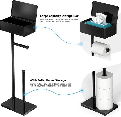 CISILY Black Toilet Paper Holder Stand - Free Standing Design with Storage Shelf for Bathroom Essentials