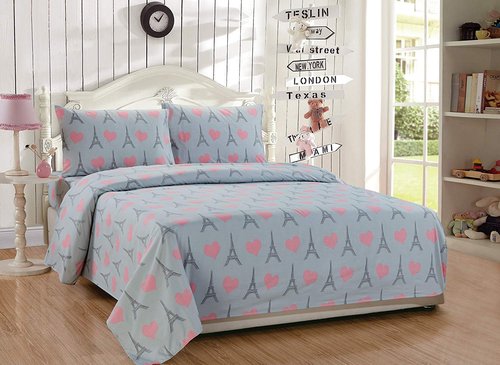 MK Home 4pc Queen Size Sheet Set for Girls Paris Bedding Eiffel Tower Pink Grey New