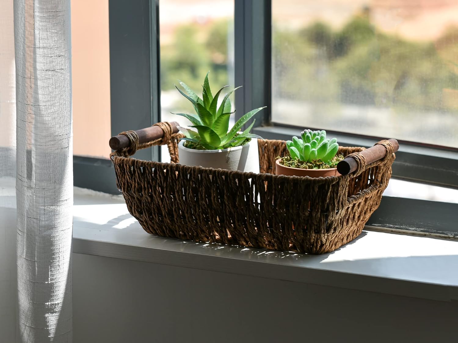 StorageWorks Handwoven Wicker Baskets - Round Paper Rope Storage with Wooden Handles | Dark Brown, 2-Pack