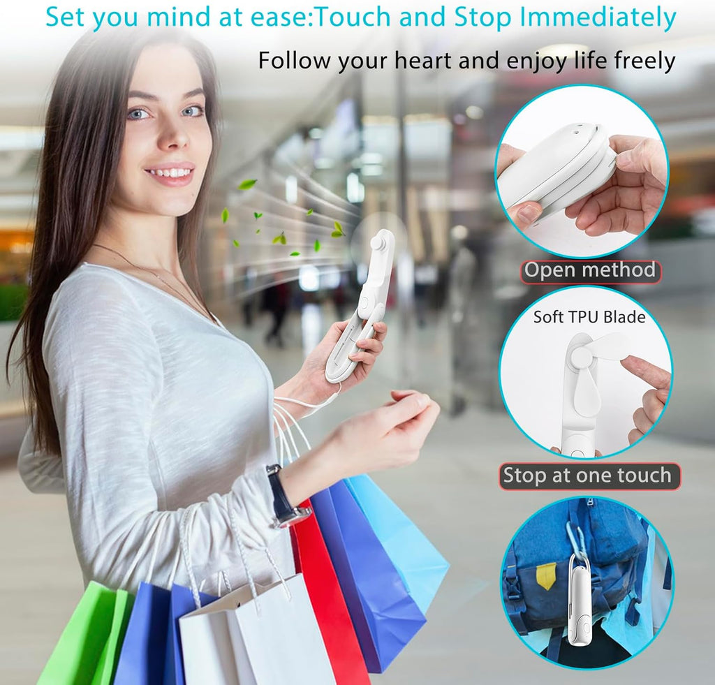 Skiennix Portable Handheld Fan - 6-in-1 Rechargeable Mini Fan with Flashlight & 3 Speeds (White)