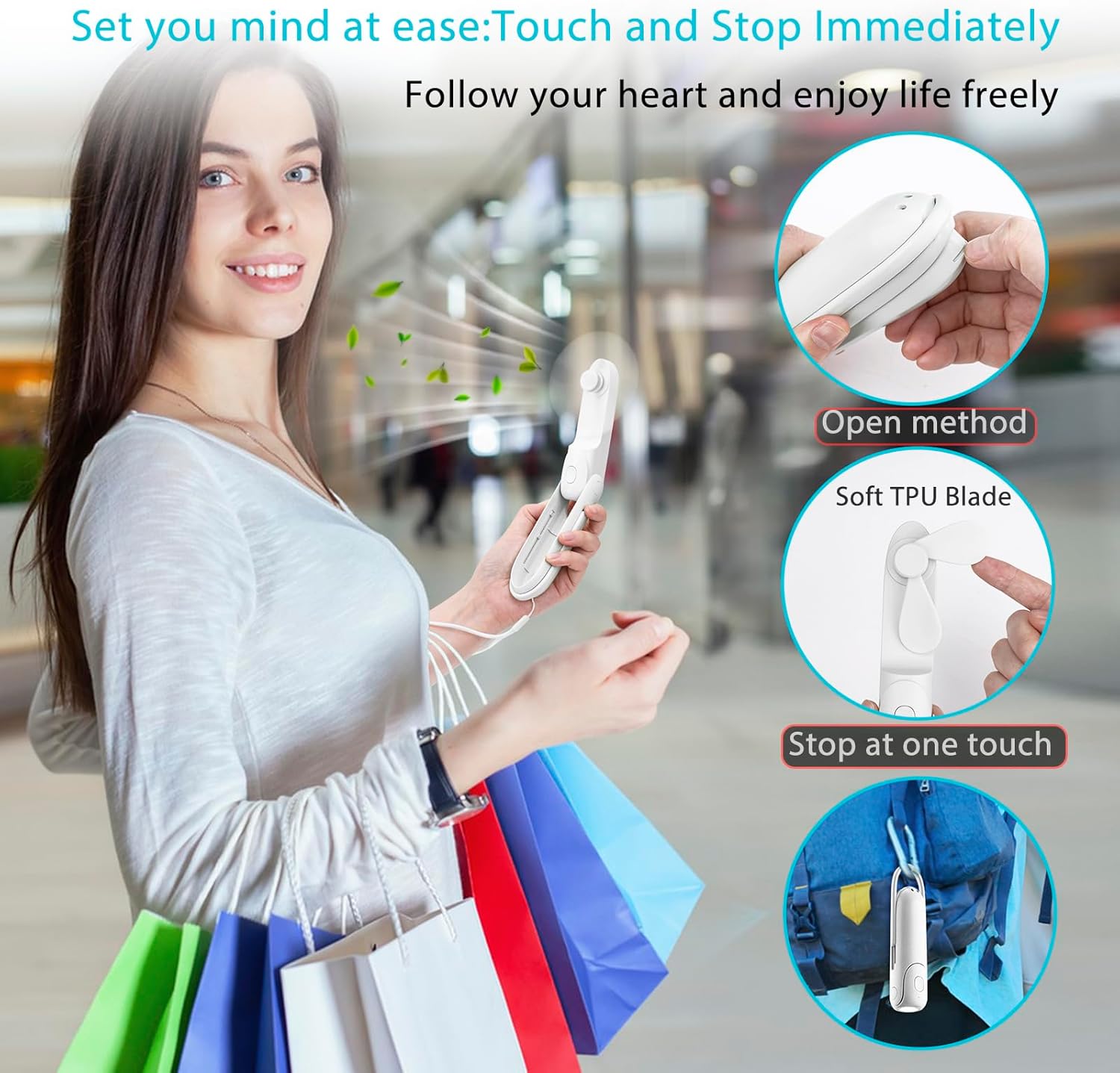 Skiennix Portable Handheld Fan - 6-in-1 Rechargeable Mini Fan with Flashlight & 3 Speeds (White)