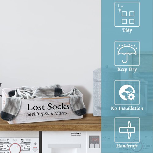 Farmhouse Lost Socks Storage Funny Laundry Sign Wooden Storage Baskets Laundry Room Missing Socks Decor Farmhouse Sock Basket for Room Wall Decor (11.02 x 3.54 x 3.54 Inch)