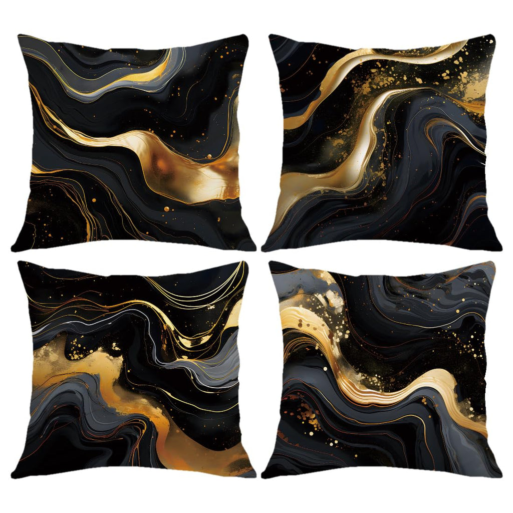 ORMAN Throw Pillow Covers 18 x 18 Inch Black Gold Fluid Cushion Case Decoration for Sofa Couch Set of 4,Farmhouse Home Decor for Sofa Living Room Couch Bed
