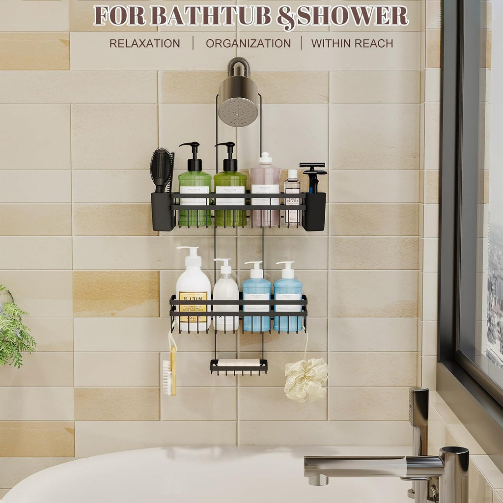 Shower Caddy - 3 Tier Adjustable Bathroom Organizer with Heavy-Duty Suction Cups | Rustproof Black