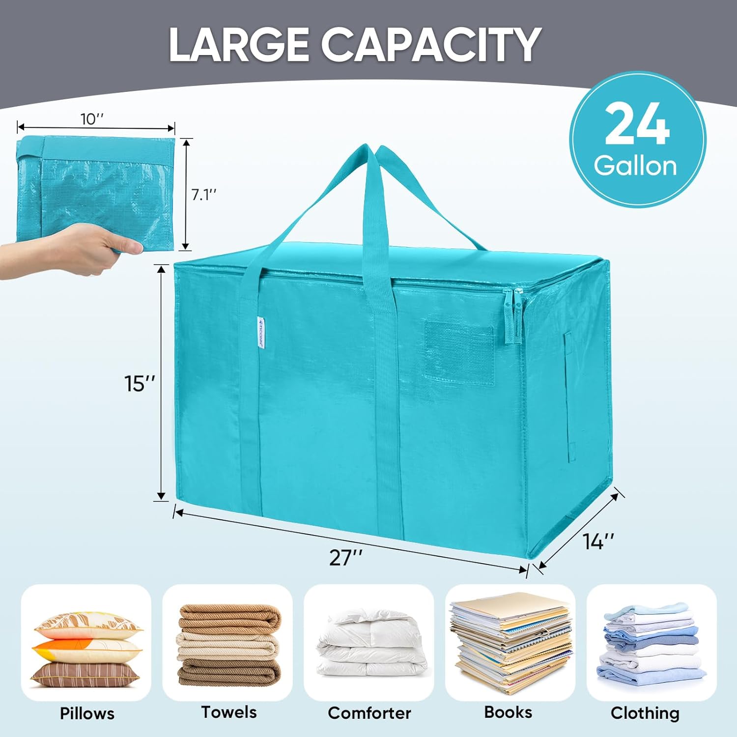 TICONN Extra Large Moving Bags - Heavy Duty with Zippers & Handles | Durable Storage Solution (8 Pack, Aqua)