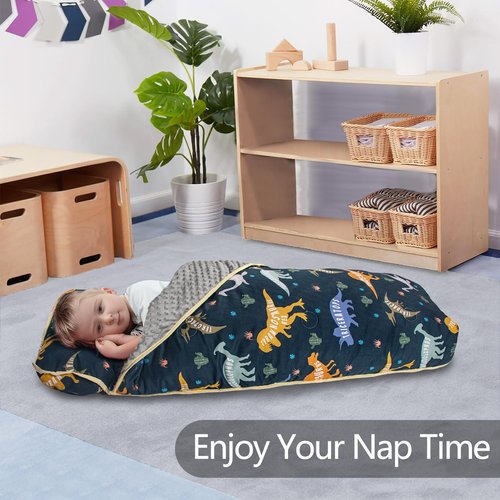 Primlect Thick Toddler Nap Mat with Removable Pillow and Minky Blanket, 45" x 35" Sleeping Bag, Fits Kids 24–36 inch, Washable, Portable for Daycare, Boys and Girls (Dinosaur)