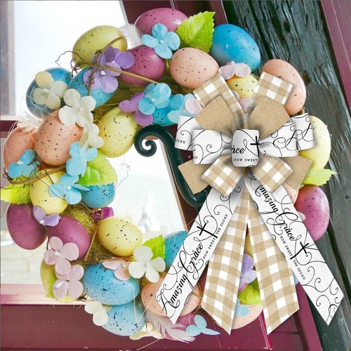 Large Easter Bows by [Brand Name] - Natural White Buffalo Plaid Ribbon for Wreaths & Church Decor