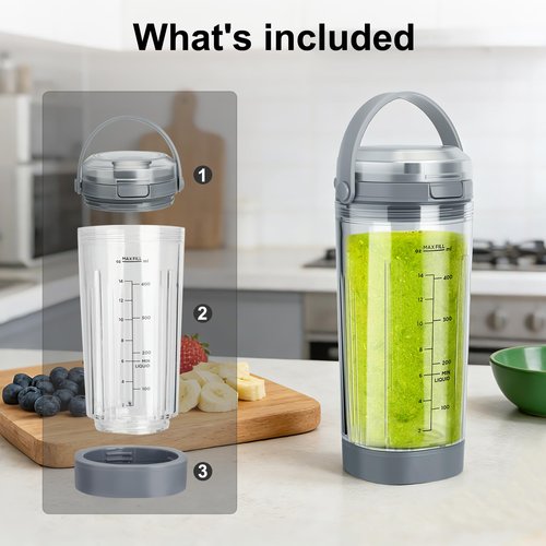Ninja Blast Accessories 3pcs - Replacement Parts 18oz Blending Vessel Cup & Vessel Cap & Sip Lid with Carry Handle, Compatible with Ninja Blast Portable Blender BC100 Series and BC151 Series Grey