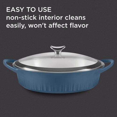 CorningWare QuickHeat 4-QT Cast Aluminum Braiser With Lid, Nonstick Ceramic Interior, Lightweight and Fast Even Heat Baking & Cooking, For Meats, Soup, Browning, Searing, French Navy