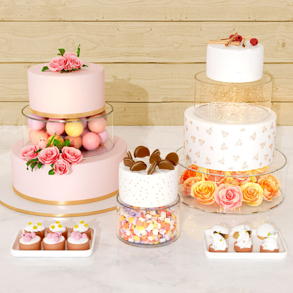 NPPLUS 2PCS Acrylic Fillable Cake Stand Cake Riser Cake Tier, Round Cylinder Display Riser Display Box, Decorative Centerpiece for Wedding Birthday Party (12" Dx4 H inch, 8" Dx4 H inch)