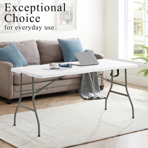 Folding Tables Set of 2 - Lightweight Rectangular Portable Plastic with Steel Legs | 5.85FT White for Events & Picnics