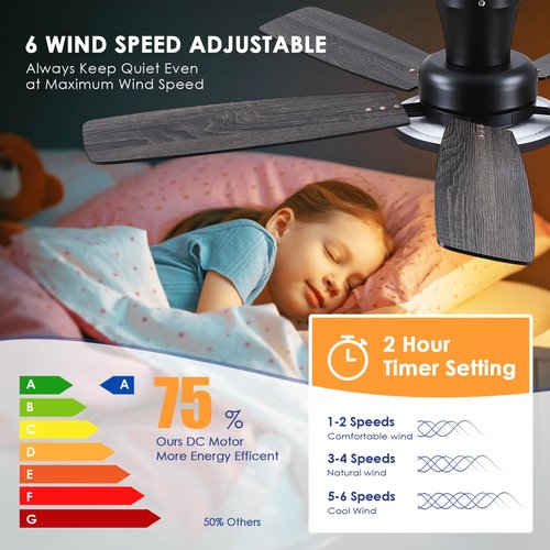 BYKISTOK Flush Mount Ceiling Fan with RGB Light - 52In Black Ceiling Fan Light with Reversible Mute Motor, LED 3CCT Dimmable, Low Profile Modern Ceiling Fans for Indoor, Party, Covered Outdoor