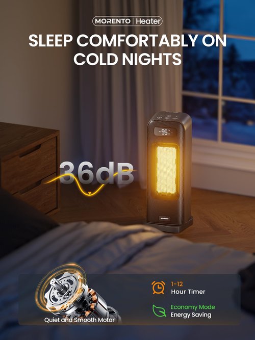 MORENTO Space Heaters for Indoor Use, Electric Portable Heater for Bedroom with Thermostat, WiFi Voice Control, 36dB Quiet 4 Modes 12H Timer, 1500W PTC Ceramic Heater for Office Home 1Pack Black