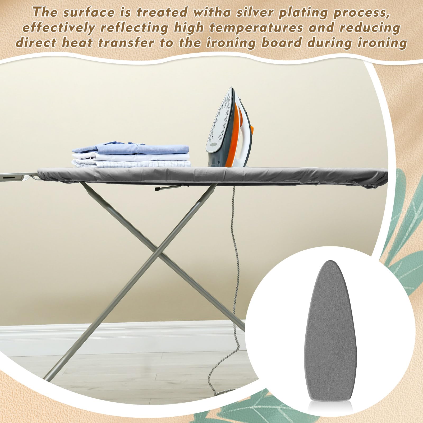 Treela 2 Pack Ironing Board Cover and Pad Fits 13" x 43" Ironing Board,Thick Scorch Resistant Padding, Heavy Duty Iron Covers Standard Boards, Hook and Loop Fastener Strap, Silver(18" x 47")