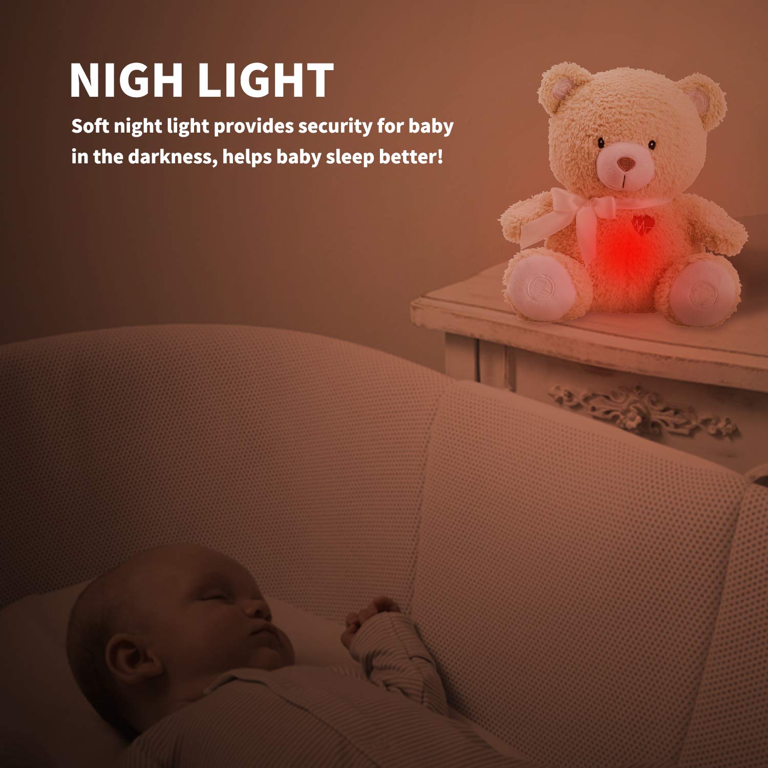 BEREST Newborns Musical Baby Sleep Soother, Mom's Heartbeat White Noise Machine, Bear Sleeping Aid with Cry Sensor, Night Light & 9 Sounds Therapy, Classic Sleeping Bear Infant Sleeping Aid Toy(Brown)