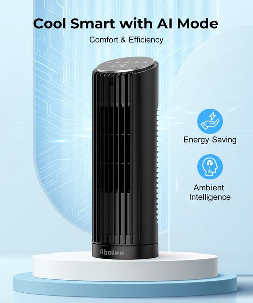 Abolee Tower Fan, 23ft/s Desk Fan with Remote, 70° Oscillating, Standing Table Fan with 4 Speeds, 4 Modes, 12Timer, 2026 New 13'' Bladeless Fan for Bedroom Office, Home
