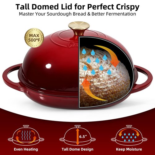 Davivy 6QT Oval Cast Iron Sourdough Dutch Oven with Silicone Oven Mitts, Bread Dutch Oven for Sourdough Bread Baking 6QT, Cast Iron Bread Cloche Loaf Pan with Domed Lid - Ruby Red