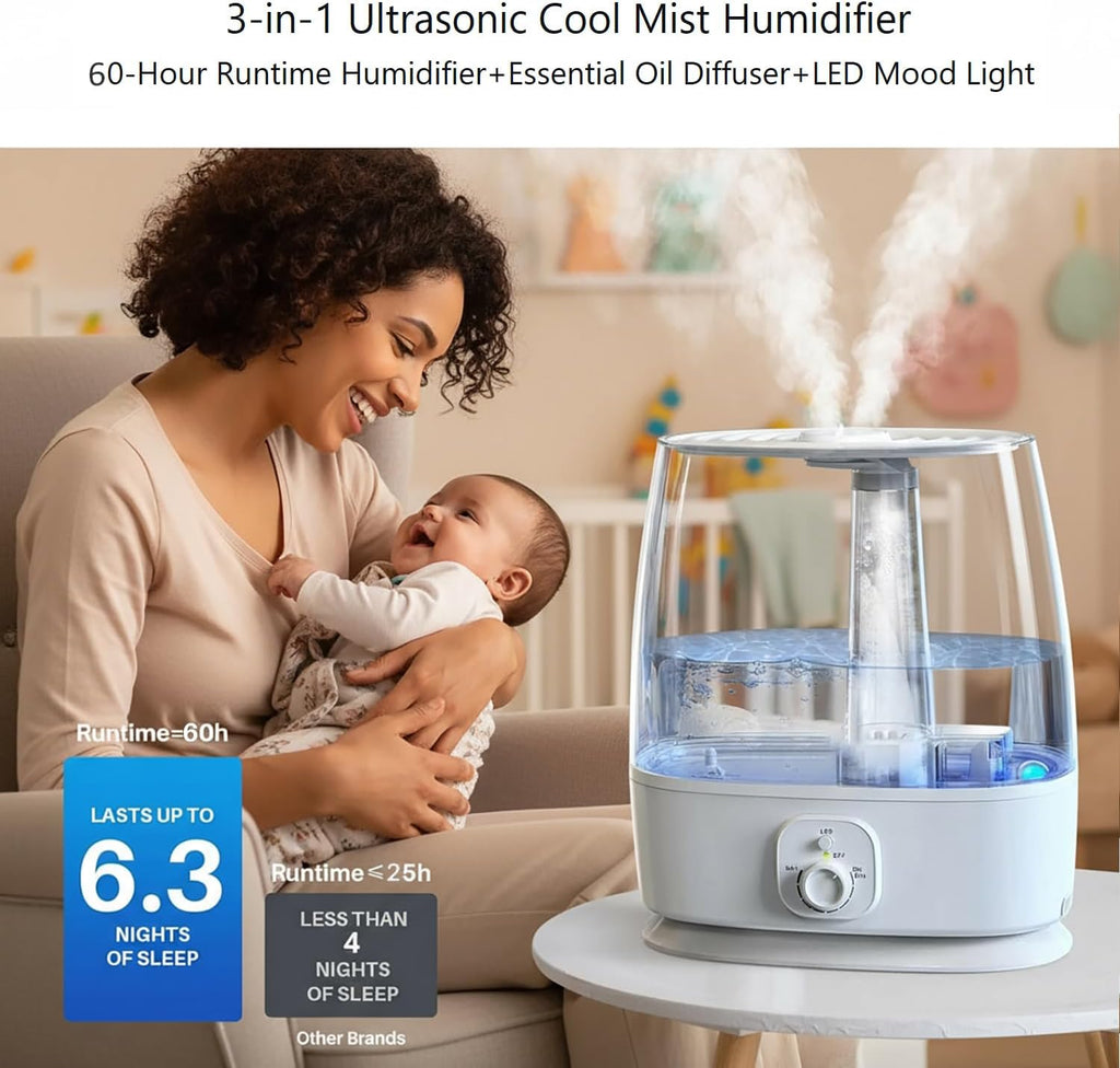 Novaspark 6L Ultrasonic Cool Mist Humidifier - Whisper Quiet 28dB, Auto Shut-Off, Night Light for Large Rooms Up to 500 Sq Ft