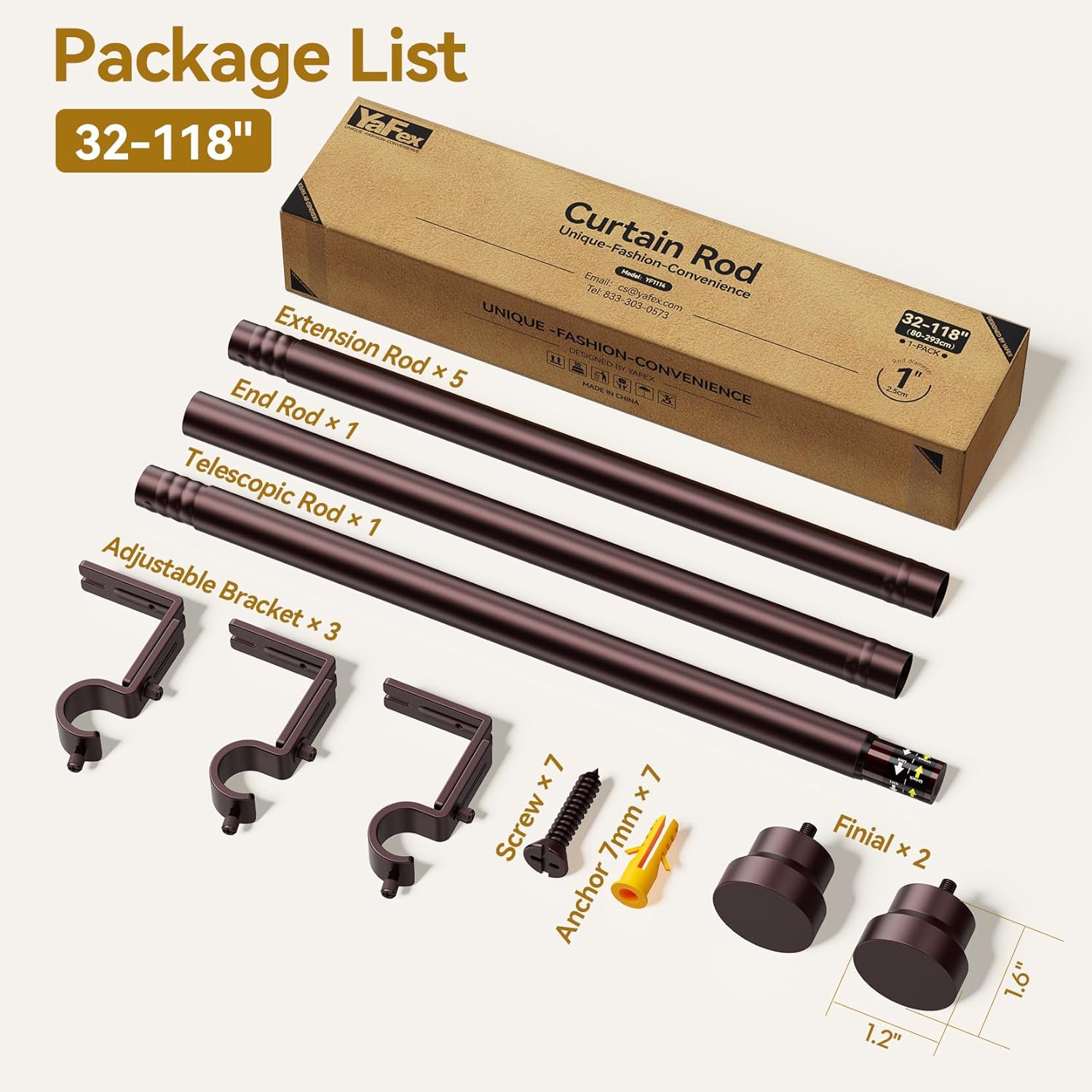 YaFex Adjustable Curtain Rods - Heavy Duty 1 Inch, 32-118 Inch, Modern Bronze Design, Easy Installation