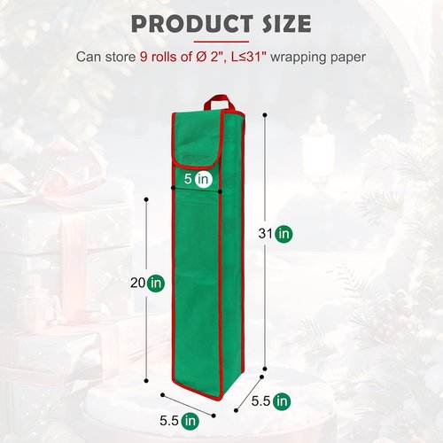Gift Wrapping Paper Organizer by [Brand Name] - Storage Bag with Pockets & Handles | 29” x 5.5” x 5.5”, Green