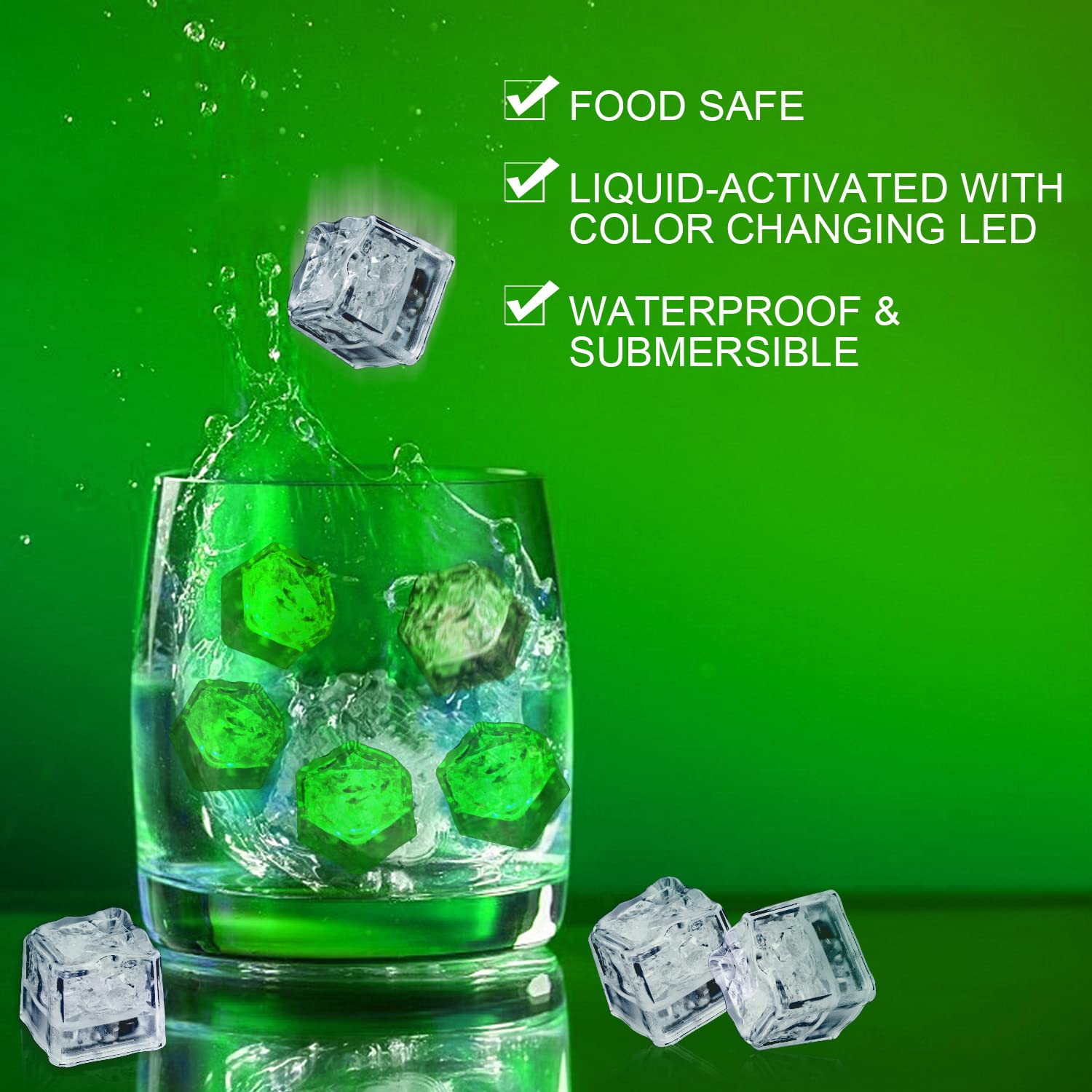 Light Up Ice Cubes for Drinks, 96 PCS Green LED Ice Cubes Liquid Activated, Glow in The Dark Waterproof Ice Cubes for Home Bar Supplies Summer Party Wedding Decor