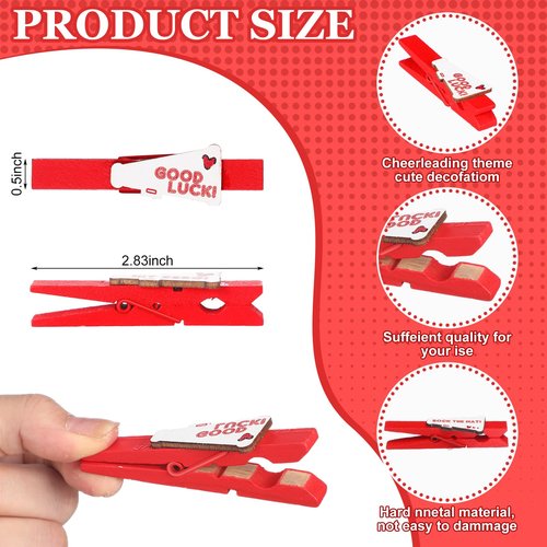 Hoolerry 100 Pcs Cheer Pins Spirit Clips 2.8" Wooden Cheerleading Pins for Backpack Cheer Clothespin Bulk Competition Mini Cheerleader Gift for Team Photo Picture Decoration(Red)