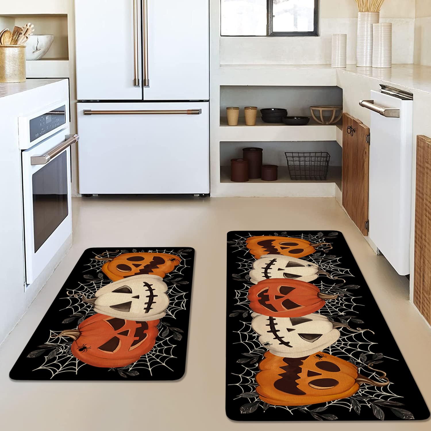 Faptoena Halloween Kitchen Rugs Set of 2,Black Pumpkin Spider Web Kitchen Mats for Floor, Halloween Non-Slip Washable Sink Mats Home Decor Doormat+Runner Rug