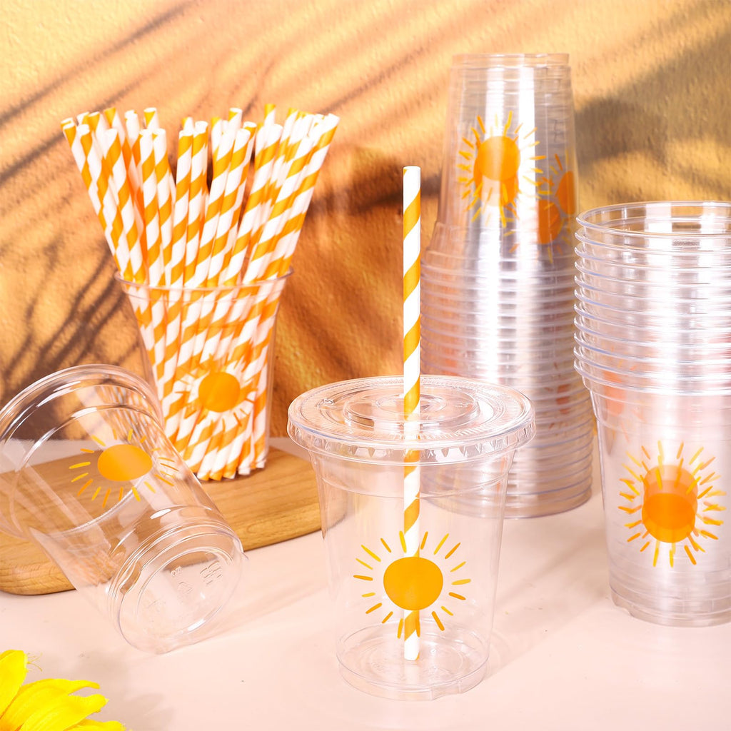 Whaline 50Pcs Boho Sun Disposable Plastic Cups with Lids and Straws 12 Oz Sunshine Cold Beverage Drinking Cups for Birthday Baby Shower Party Supplies