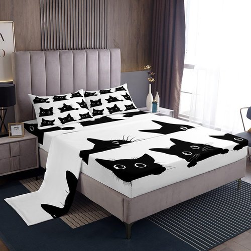 Feelyou Black Cat Bed Sheet Set for Kids Boys Girls Cute Kitten Print Bedding Set 1 Flat Sheet + 1 Fitted Sheet + 2 Pillowcases Queen Size