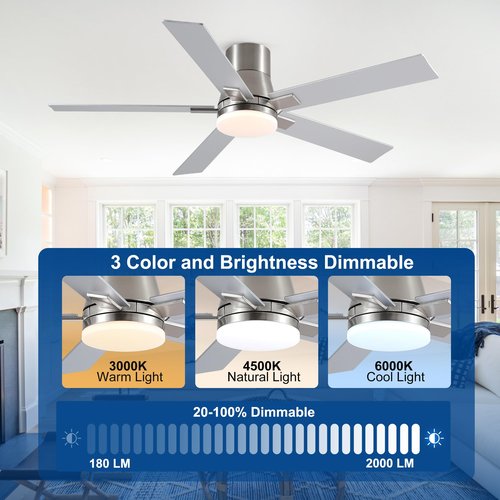 Rayqueen 52 Inch Ceiling Fans with Lights and Remote,Flush Mount Brushed Nickel Ceiling Fan,6 Speed Reversible DC Motor,3CCT Dimmable LED-Low Profile Design for Bedroom, Living room & Covered Outdoor