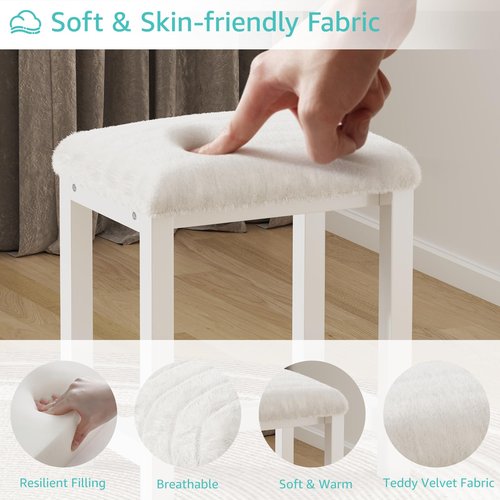 Small Vanity Stool, Cute Vanity Stools with Soft Faux Rabbit Fur Cushion, White Makeup Vanity Chair for Small Spaces, Living Room, Bedroom, Entryway, Ottoman Foot Rest for Couch Sillas Modern